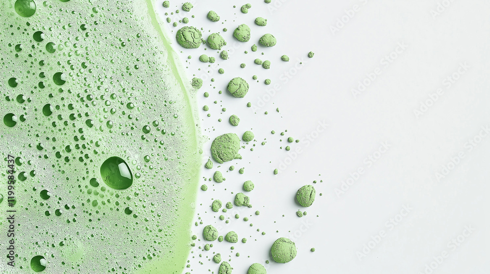 Poster abstract green foam texture: close-up of a vibrant green foam with air bubbles, creating a unique an