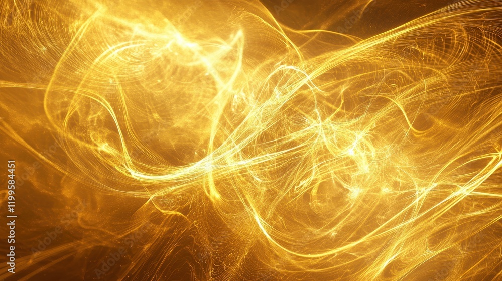 Poster a vibrant display of golden light swirls and patterns, creating an ethereal, dynamic atmosphere remi