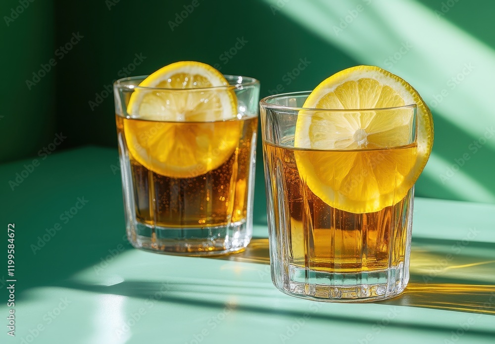 Poster refreshing soft drinks with lemon slices in glasses on a vibrant green background with sunlight cast