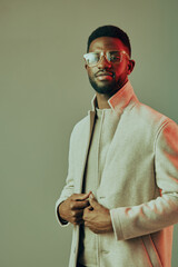 Stylish African American man in modern attire poses confidently, showcasing a light jacket against a neutral background, exuding elegance and contemporary fashion