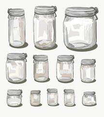 set glass container transparent glass or plastic containers for dry bulk products for pasta food free waste eco for storing bulk products at home. illustration isolated on white background