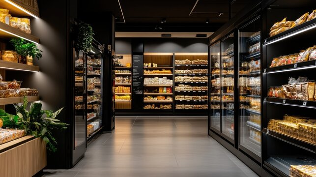 Brightly lit supermarket showcases wide shelves stocked with various products, creating a welcoming space for shoppers
