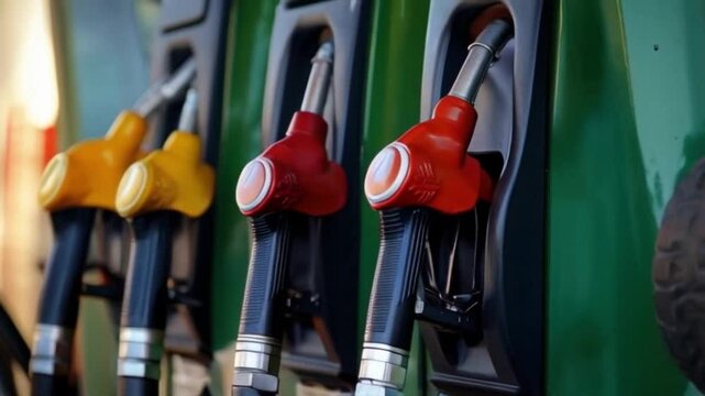 Fuel pumps are lined up at a busy gas station, displaying different options for drivers. Bright colors draw attention to each pump, indicating various fuel types available