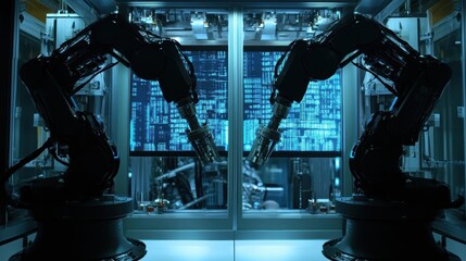 An intimate shot of two robotic arms working in synchrony connected via a digital interface with visual representations of data packets being exchanged emphasizing the power of 5G in
