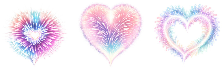 Set of colorful heart shaped fireworks in pastel colors on a transparent background