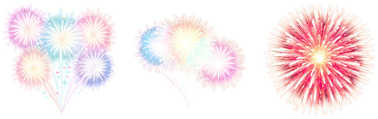 Set of colored fireworks bursting on a transparent background