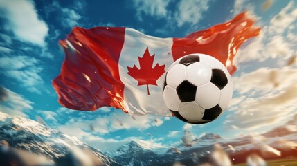 Fototapeta premium Football in mid-air bouncing with a Canadian flag in the background, set in a bright stadium under a clear sky.