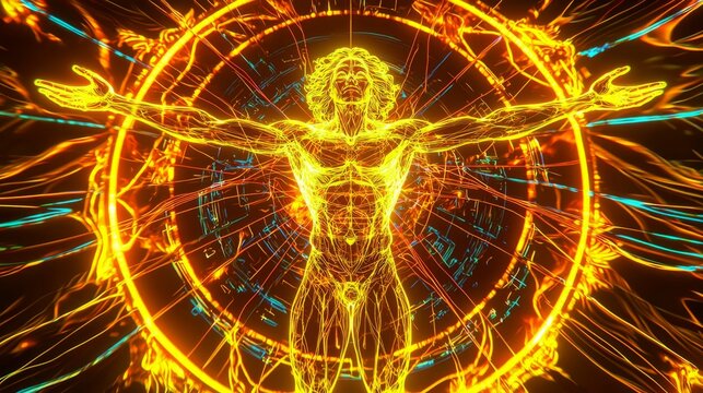 Abstract Male Anatomy Glowing Energy Vitruvian Man Neon Art Spiritual Awakening