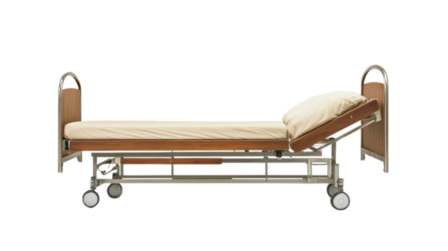 A hospital bed with adjustable features on a white isolated background, suitable for medical settings or healthcare related imagery.