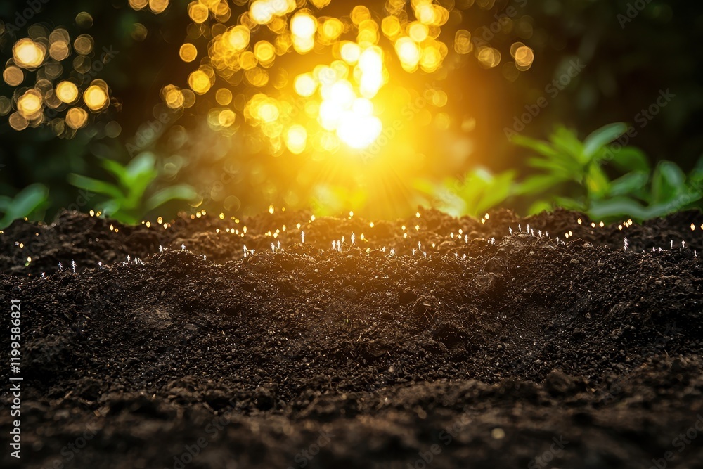 Poster a close-up view of moist soil with sunlight glimmering through, creating a serene backdrop for new p