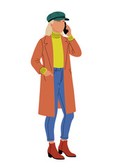 Young woman talking on mobile phone while wearing fashionable casual outwear, cap, jeans, sweater and coat. Flt colorful vector illustration isolated on transparent background