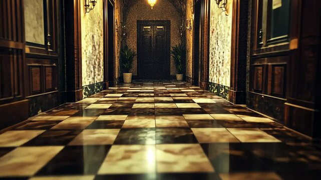 Elegant Corridor with Checkered Floor and Dark Wood Doors, hallway, interior, architecture, building, luxury