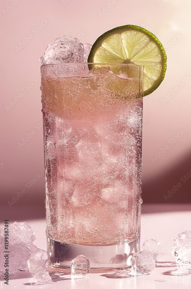 Poster refreshing sparkling beverage with ice and lime garnish in a clear glass, captured with soft lightin