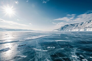 Frozen lake with cracked ice surface and icicle-covered cliffs under a bright winter sun. Scenic landscape with snowy mountains and blue sky.