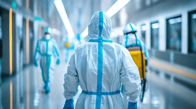 Person Wearing Protective Suit and Gloves Walking Down Hospital Corridor.