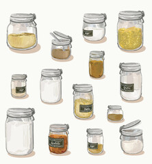 set glass container with flour, sugar, pasta dry food spices free waste eco for storing bulk products at home. illustration isolated on white background