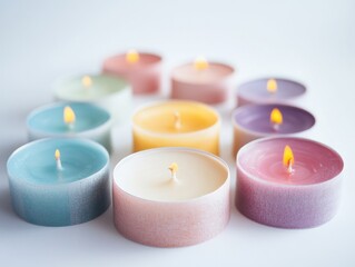 A collection of nine lit candles in various pastel colors arranged on a white surface