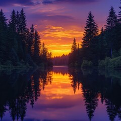 Fototapeta premium Serene Sunset Reflection Over Calm Lake Surrounded by Tall Pine Trees