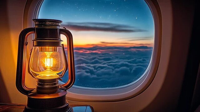 Illuminated Lantern Against Airplane Window at Sunset, lamp, oil lamp, kerosene lamp, sunrise, aeroplane