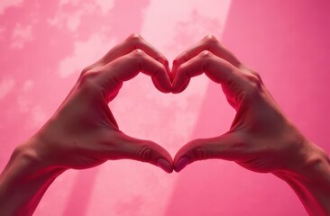 Fototapeta premium Two hands forming a heart shape in front of a pink background. 