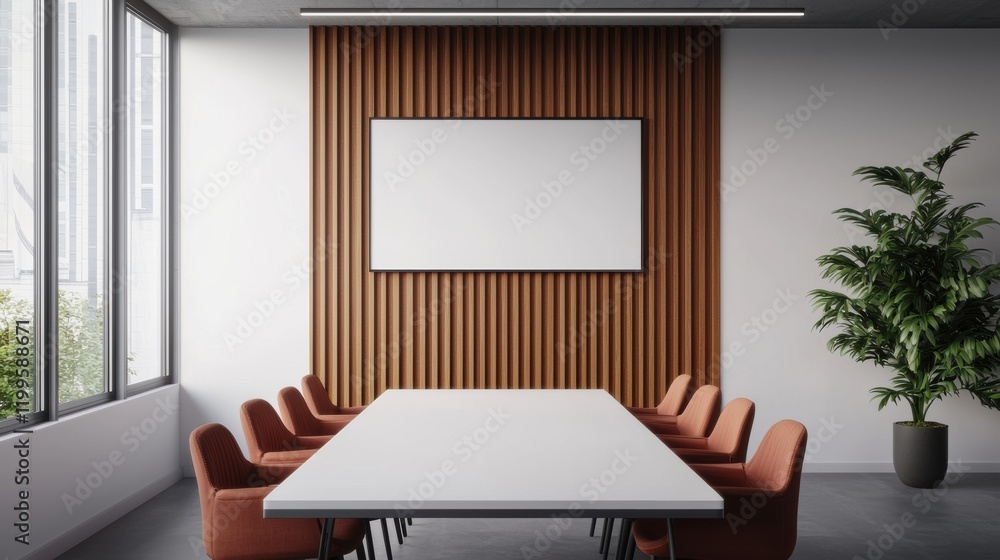 Poster Modern conference room with large empty table and blank frame