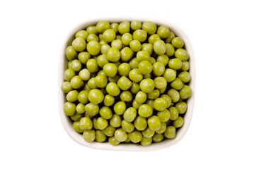Marinated green peas in bowl isolated on white background.