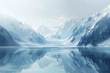 Snow-covered mountains reflecting on a still icy lake under a pale sky. Winter landscape photography for design and wallpaper.