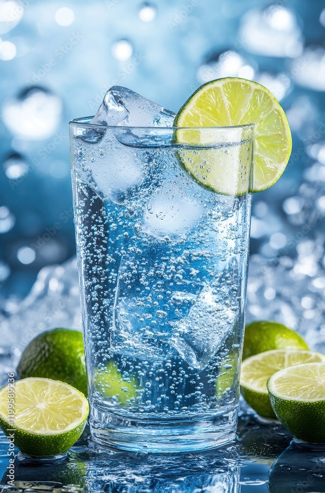 Poster refreshing sparkling water with ice and lime slices at a bright blue background with bubbles and fre