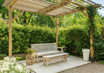 Obraz premium Serene Garden Patio with Wooden Pergola and Bench