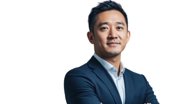 Confident businessman standing with arms crossed, showcasing professionalism and determination, isolated on a white background.