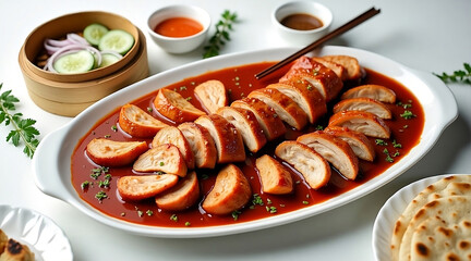 Sliced Chicken in Spicy Sauce, Served with Flatbread and Asian Side Dish