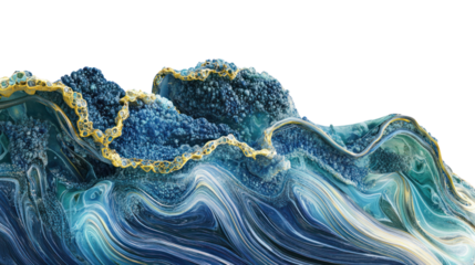 Abstract ocean waves with deep blue, teal, and hints of gold against a white isolated background, showcasing fluid movement and elegance.