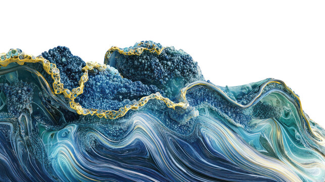 Abstract ocean waves with deep blue, teal, and hints of gold against a white isolated background, showcasing fluid movement and elegance.