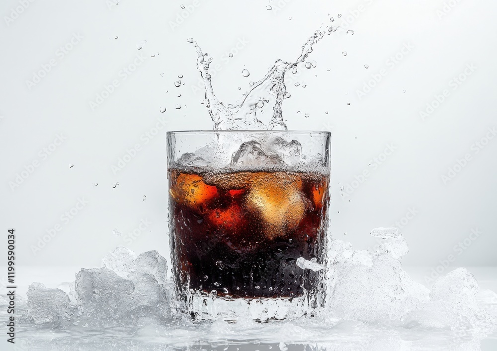Poster refreshing splash of carbonated drink in a glass with ice cubes against a minimalist background crea