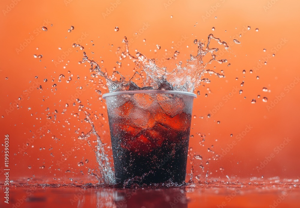 Poster refreshing splash of cola with ice in clear cup against vibrant orange background capturing the esse