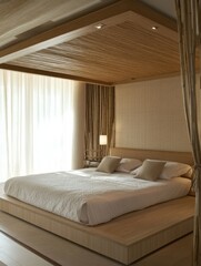 Tranquil Bamboo Bedroom With Platform Bed And Sheer Curtains