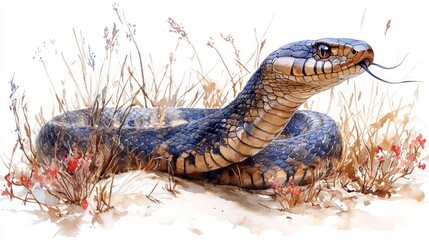 Watercolor painting of a snake in tall grass.