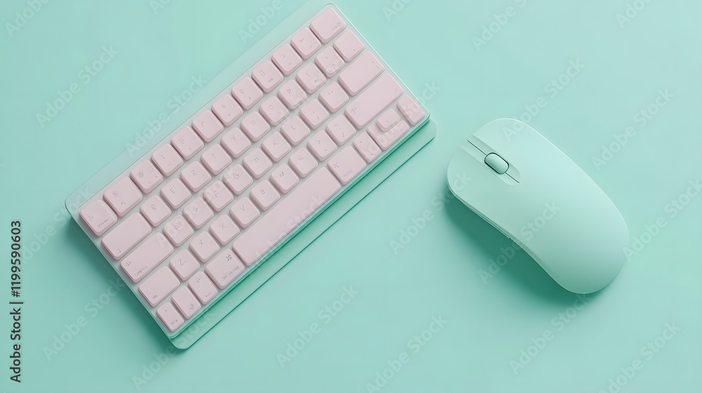 Poster wireless keyboard and mouse set on a pastel green desk with 3d