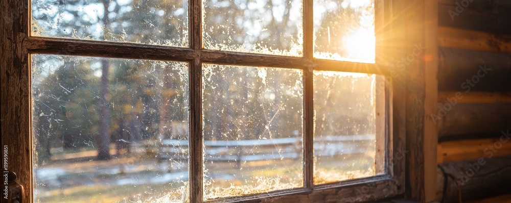 Poster sunlight streams through a rustic window, illuminating dust particles, creating a warm, inviting atm