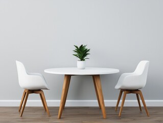 Round white table with two white chairs and a small potted plant. Minimalist interior design with light grey wall background