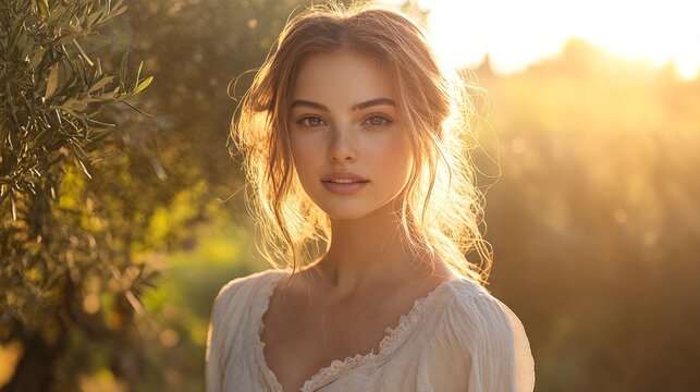 portrait of a young woman with light brown hair and green eyes standing in an olive grove at sunset.