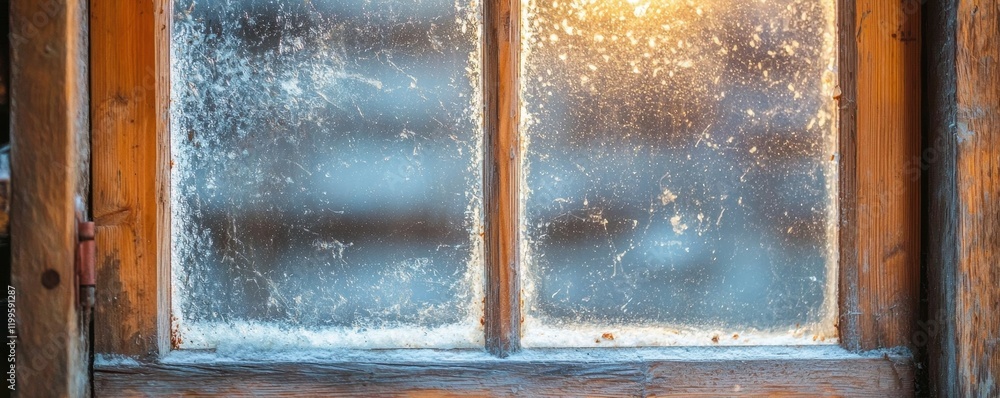Poster a rustic window with frosted glass, revealing warm light filtering through, creating a cozy atmosphe