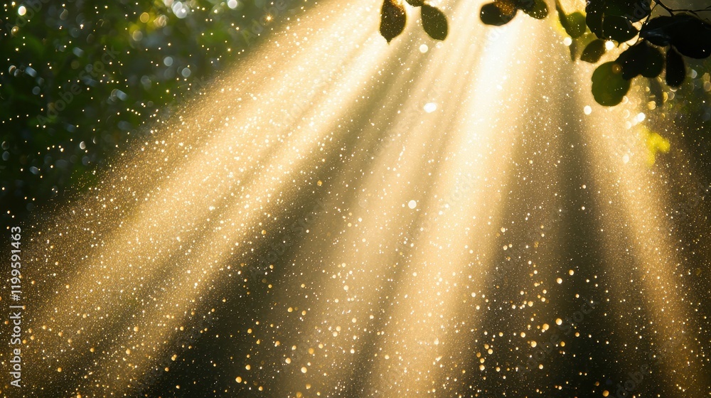 Poster sunlight streams through foliage, illuminating particles in the air, creating a magical, ethereal at