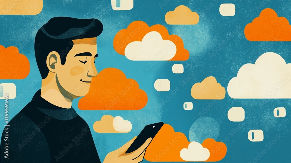 Poster cloud computing: man using smartphone with cloud icons in background, illustration of digital techno