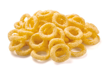 Crispy corn rings, isolated on white background.