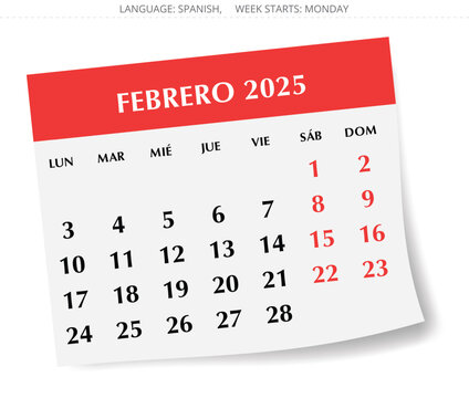 2025 Spanish february calendar - febrero. Vector illustrations for Spain