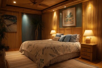 Serene Bamboo Bedroom With Soft Lighting And Comfortable Bedding