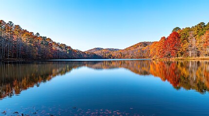 Naklejka premium Calm lake reflecting autumn foliage, vibrant red and orange trees on hills under a clear blue sky.