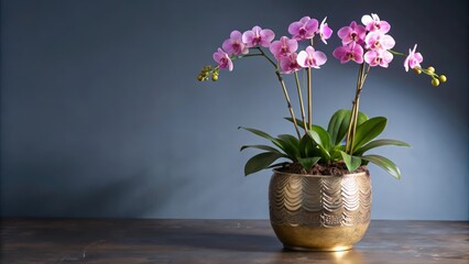 Pink Orchid Plant in a Gold Pot Against a Blue Background