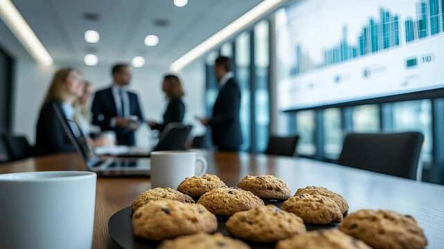 A plate of cookies and coffee cups sit on a conference table, with blurred business professionals discussing in a modern office setting.